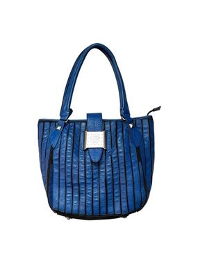 Sharif Leather and Canvas Blue and Black Purse With Silver Accents